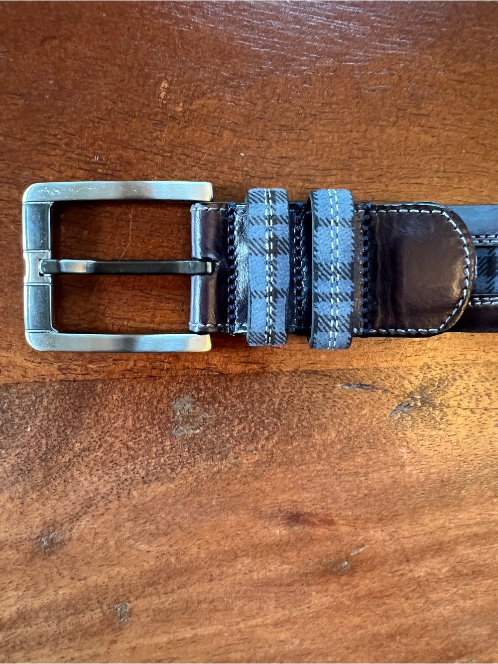 Mezlan Men's Adjustable Plaid Belt Size 38 Blue/Black Buckle Accent